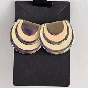 Enamel Pierced Earrings Half Moon Cream Peach Silver Tone  Vintage Peach Cream